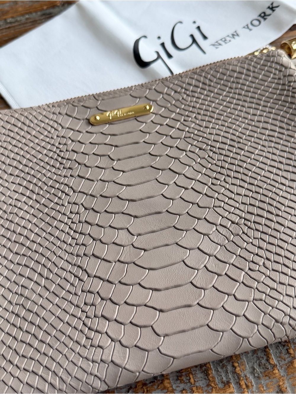 GiGi New York Light Taupe Snake-Embossed Leather Clutch with Tassel - Picture 8 of 15